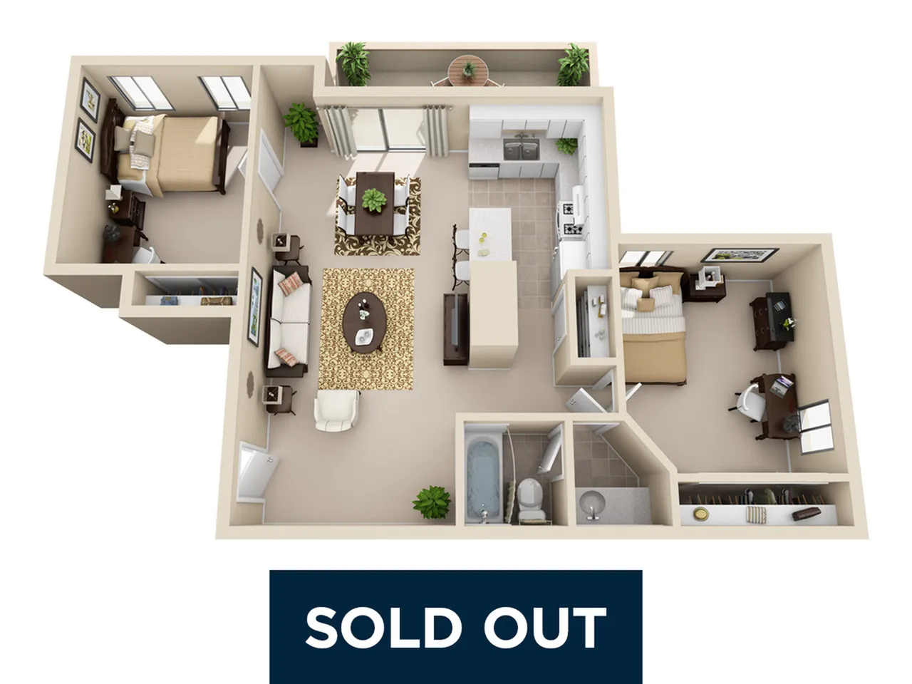 Charming 3D floor plan of a cozy apartment featuring two spacious bedrooms, an inviting open-concept living room, a modern kitchen, and a stylish bathroom. Includes a private balcony space, ideal for relaxation.