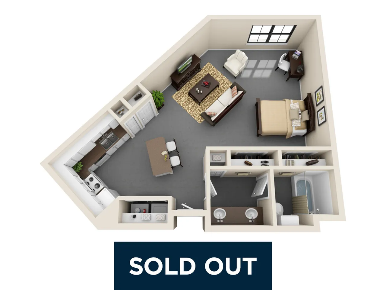 Modern 3D floor plan featuring a spacious studio apartment with an open-concept living area, cozy bedroom corner, sleek kitchen, and dual-sink bathroom.