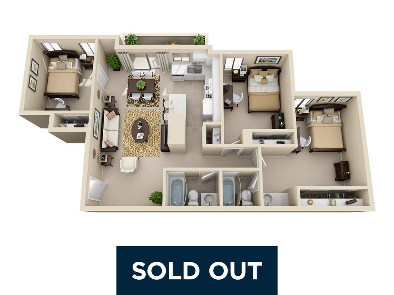 Modern 3D floor plan of a beautifully arranged apartment featuring three bedrooms, a cozy living room, contemporary kitchen, and two bathrooms. Stylish decor enhances an inviting space.