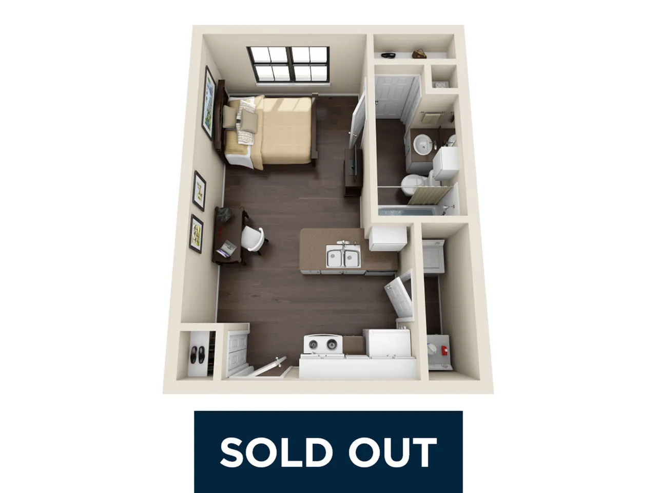 Charming studio apartment floor plan featuring an inviting bedroom, modern kitchenette, and elegant bathroom, now sold out.