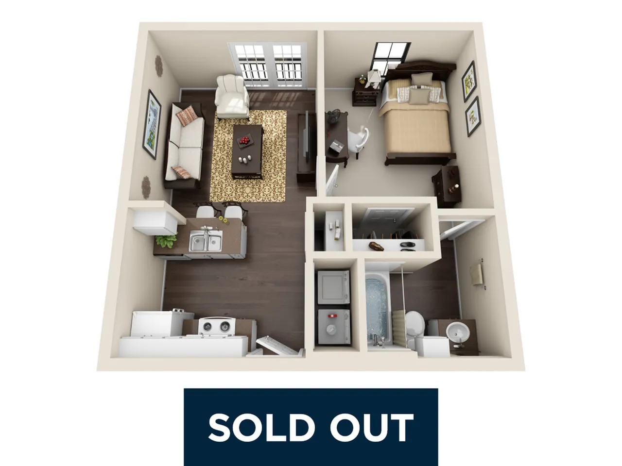 Charming 1-bedroom apartment with open-plan living room and kitchen, featuring modern interior design and spacious layout, now sold out.