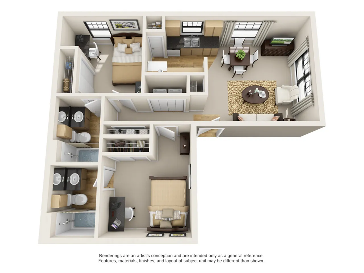 Charming 3D floor plan showcasing a cozy 2-bedroom apartment with open-concept living room and kitchen, complemented by modern bathrooms.