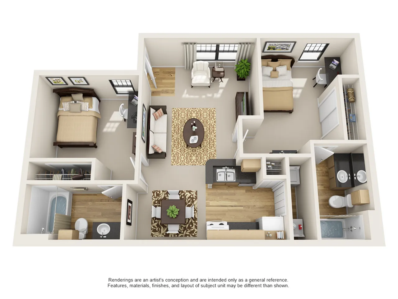 Charming 3D floor plan with two cozy bedrooms, an inviting living room, a modern kitchen, and two elegant bathrooms, perfect for stylish living.