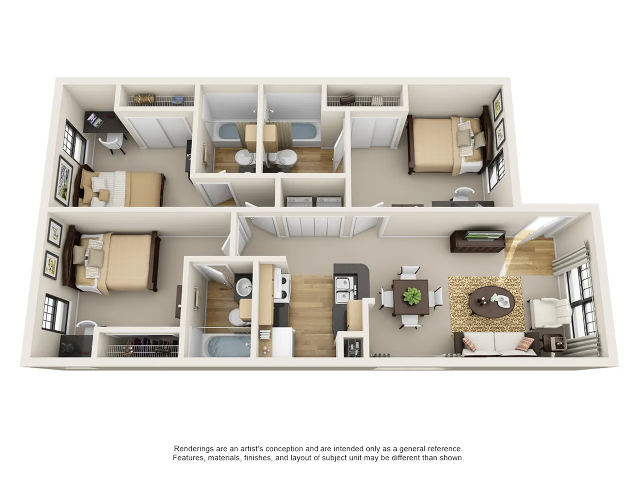 Charming 3D floor plan showcasing a modern 3-bedroom apartment with two bathrooms, an open-concept kitchen, and a cozy living area. Bright and inviting design with ample natural light.