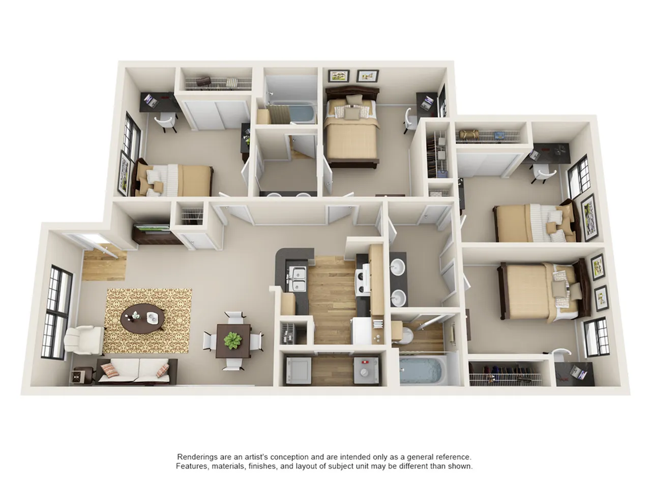 Contemporary 3D floor plan displaying a 3-bedroom apartment with open living and dining area, modern kitchen, and two bathrooms.