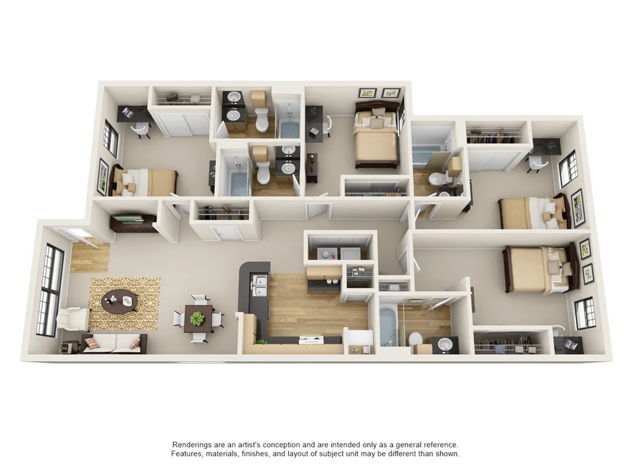 Inviting 3D floor plan showcasing 3 cozy bedrooms, 2 modern bathrooms, a spacious open-concept living area, and a contemporary kitchen.