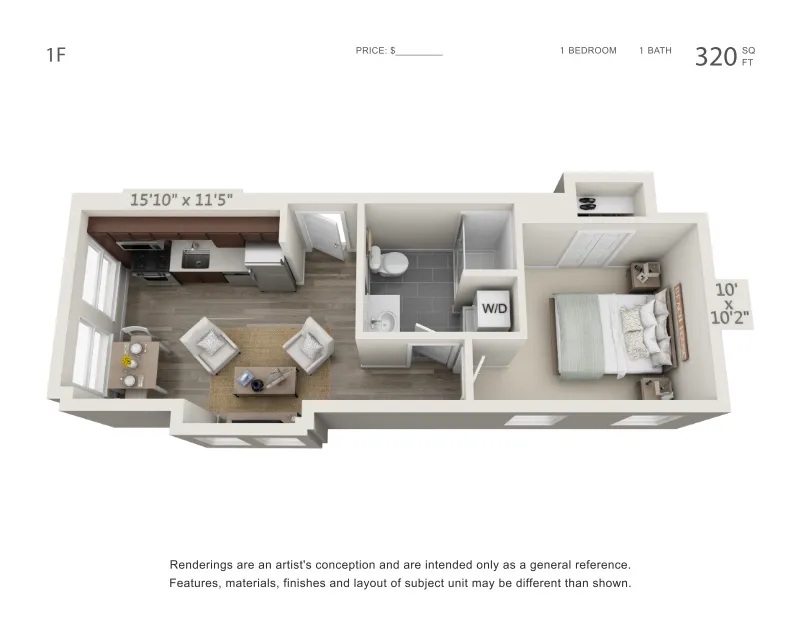 Modern 1-bedroom apartment floor plan showcasing a cozy living area, sleek kitchen, and stylish bathroom in 320 sq ft.