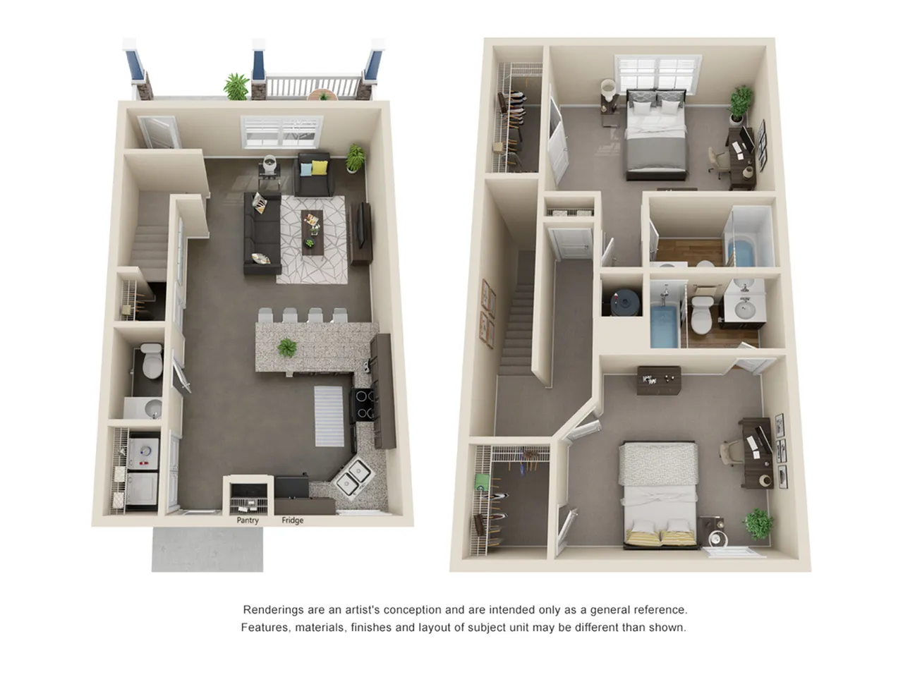 Modern 3D floor plan showcasing a cozy living room, open kitchen with island, and a spacious bedroom featuring ample closet space.