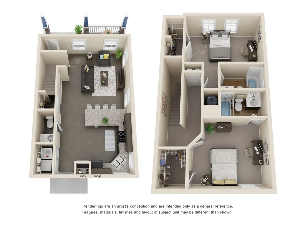 Modern 3D floor plan showcasing an open living area, two inviting bedrooms, a cozy kitchen with island seating, and two bathrooms.