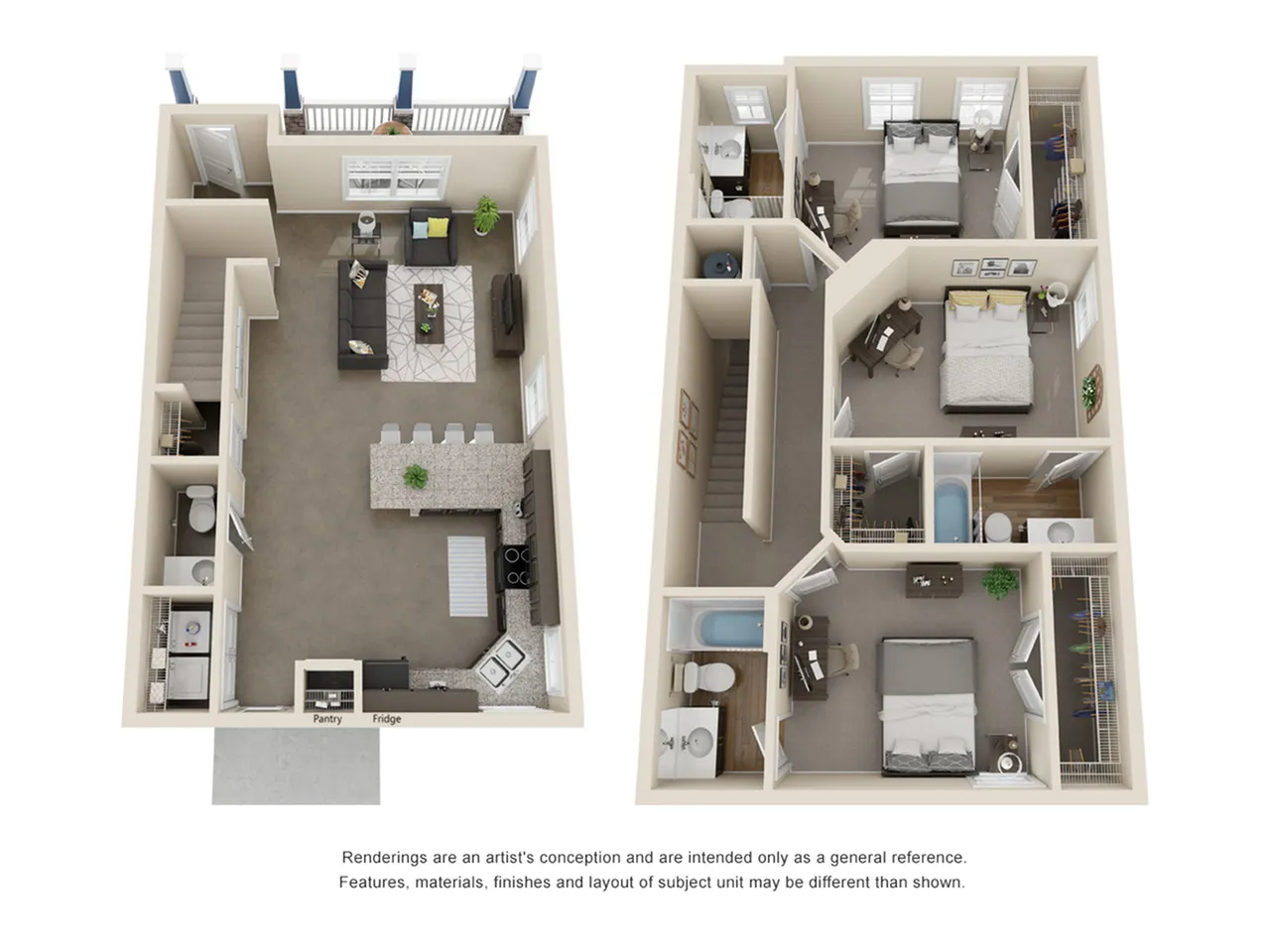 Bright and modern 3D floor plan showcasing two-story layout with open-concept living area, stylish kitchen, three cozy bedrooms, and two elegant bathrooms.