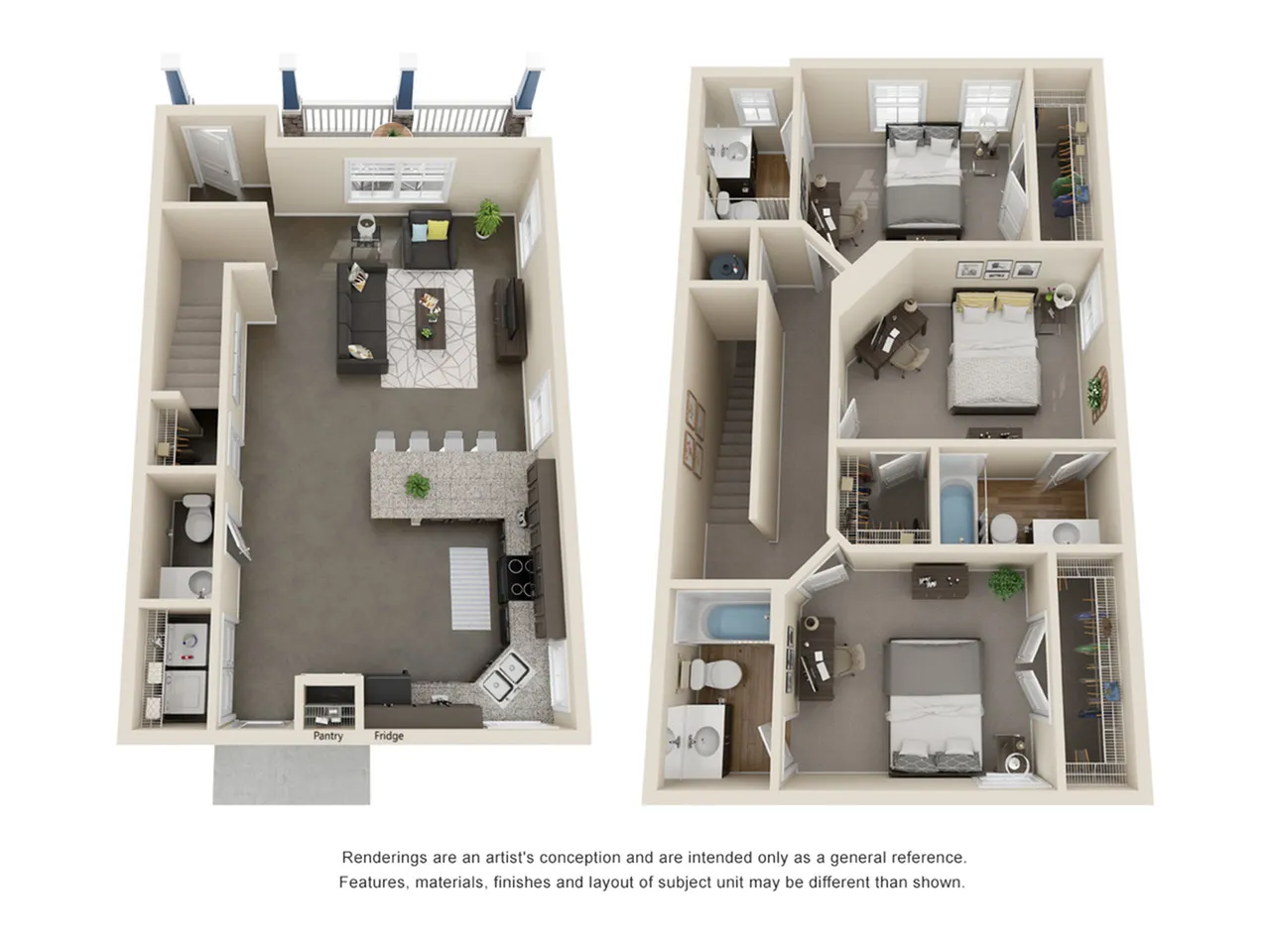 Charming 3D floor plan with bright living room, two cozy bedrooms, sleek kitchen, and modern bathrooms.