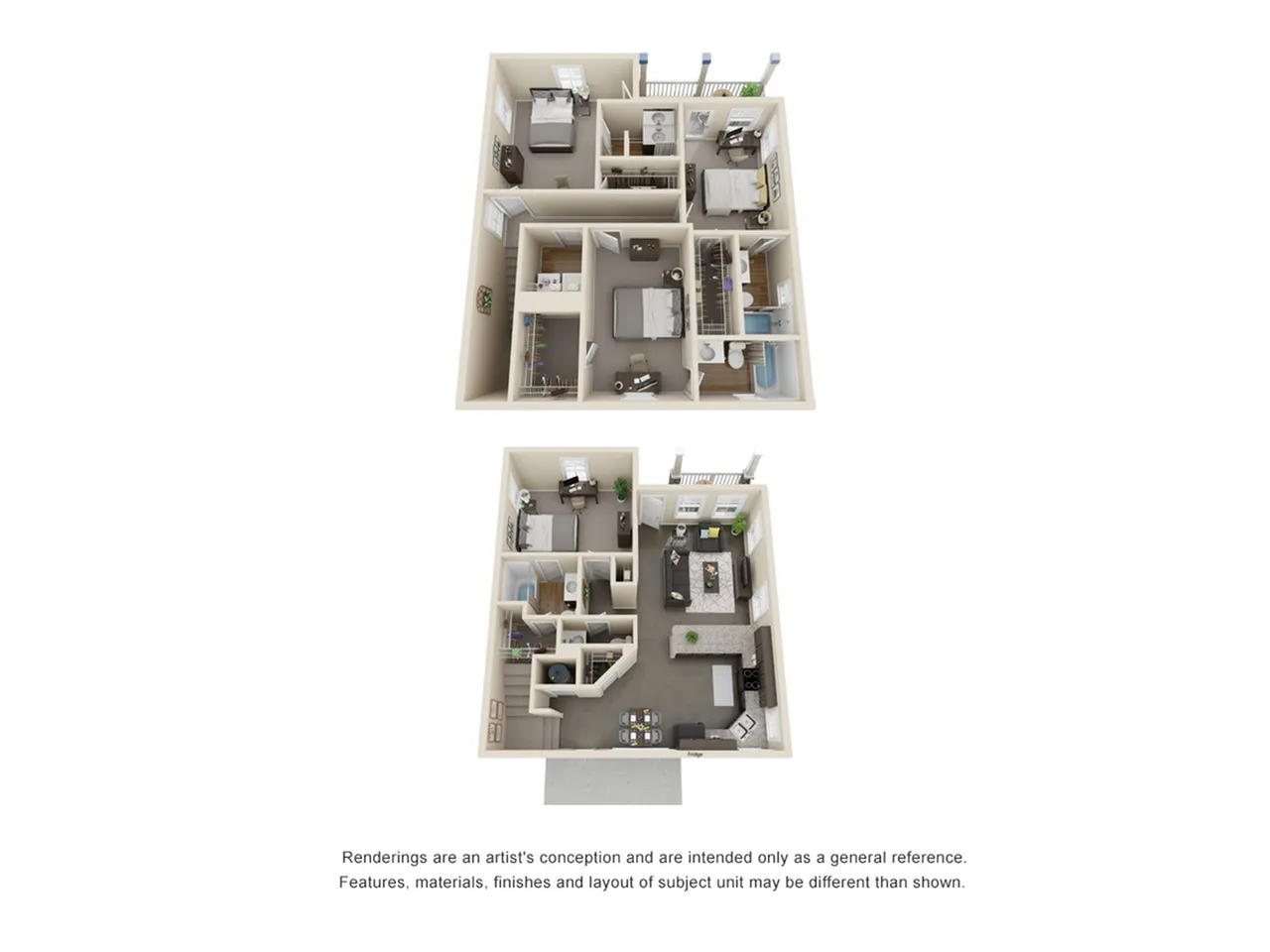 Contemporary 3D floor plan showcasing a multi-level apartment with 2 spacious bedrooms, a modern kitchen, and an inviting living area.