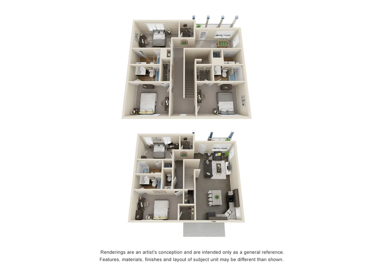 Elegant two-level floor plan showcasing spacious living areas, three cozy bedrooms, modern kitchen, and a stylish living room with natural light.