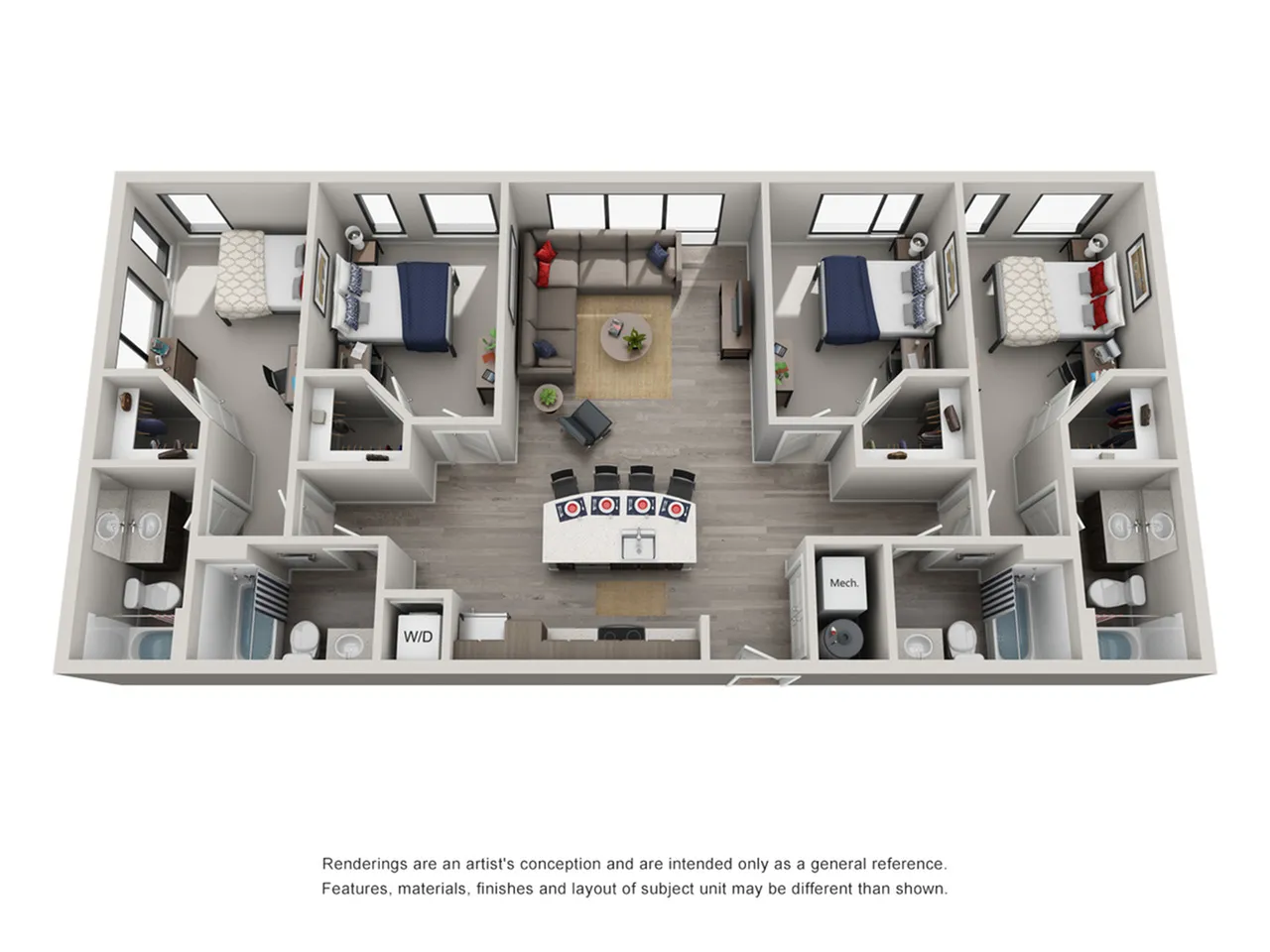 Modern 3D floor plan showcasing a stylish three-bedroom apartment with open-concept living area, sleek kitchen, and two bathrooms, perfect for contemporary living.