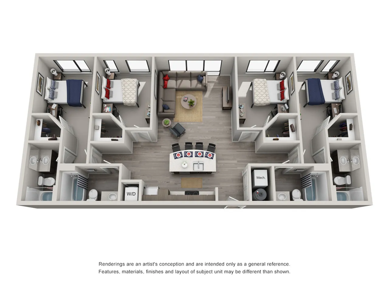 Modern 3D floor plan featuring 3 spacious bedrooms, open-concept living and dining area, stylish kitchen, and two bathrooms, ideal for comfortable urban living.