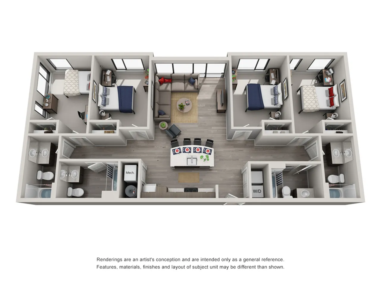Inviting 3D floor plan showcasing 3 bedrooms, a cozy living room, and a modern kitchen with dining area, perfectly designed for comfortable living.