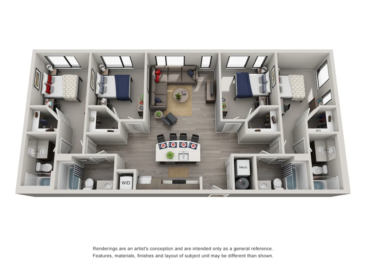 Modern 3D floor plan displaying three spacious bedrooms, a cozy living area, and stylish kitchen with breakfast bar seating.
