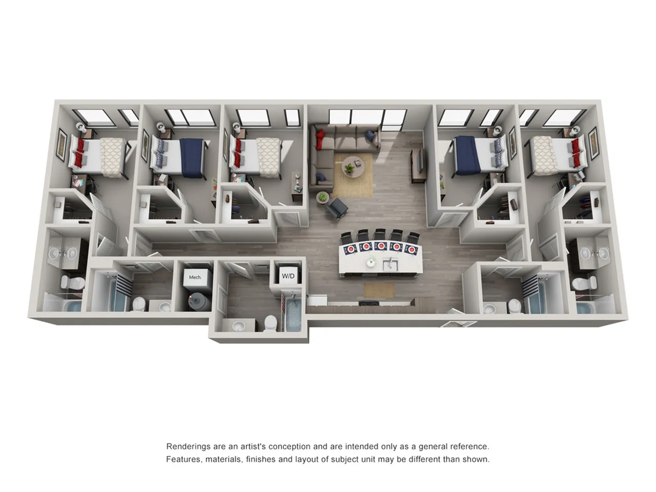 Sleek 3D floor plan showcasing 4 modern bedrooms, stylish open living area, and elegant kitchen, perfect for contemporary living.