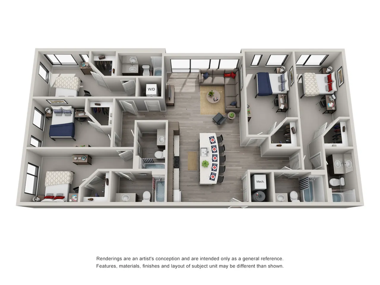 Modern 3D floor plan showcasing 3 bedrooms, elegantly designed living room, and a gourmet kitchen with island seating.