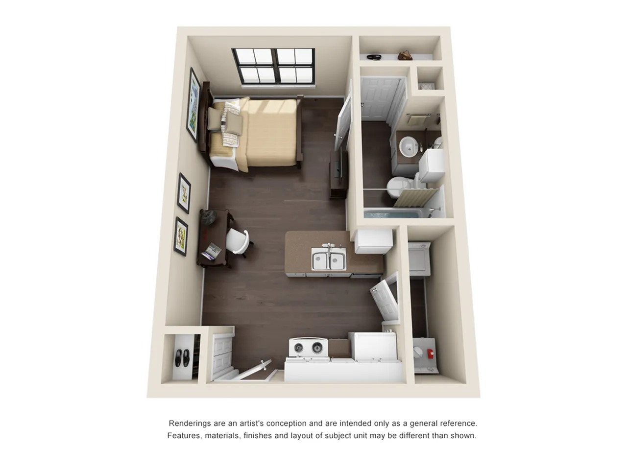 Modern 3D floor plan showcasing a cozy bedroom, inviting living space, and efficient kitchen layout with attached bathroom.