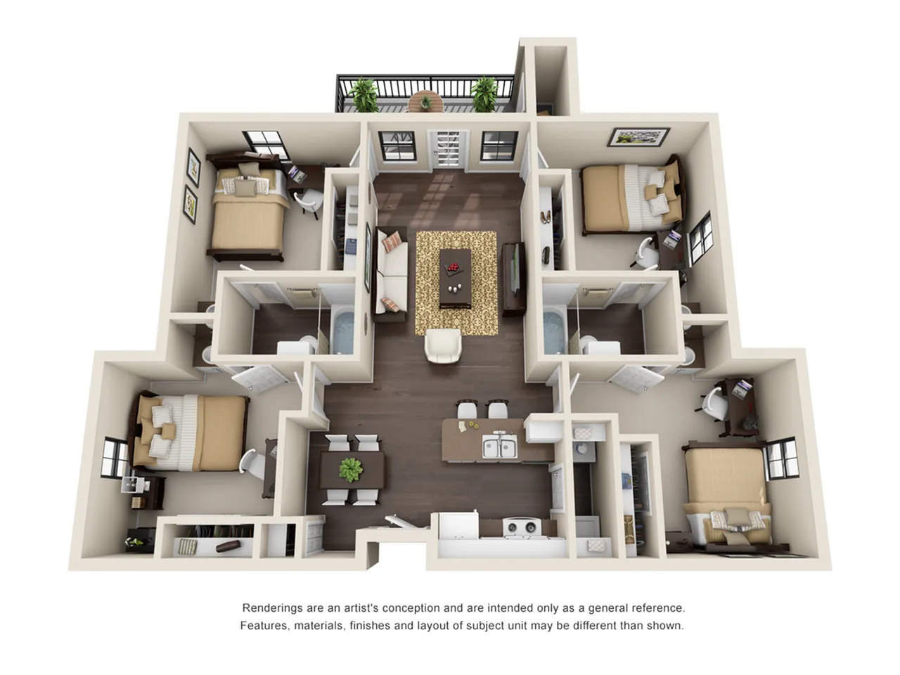 Elegant 3D floor plan showcasing 3 bedrooms, a cozy open-concept living area, and a modern kitchen with island seating.
