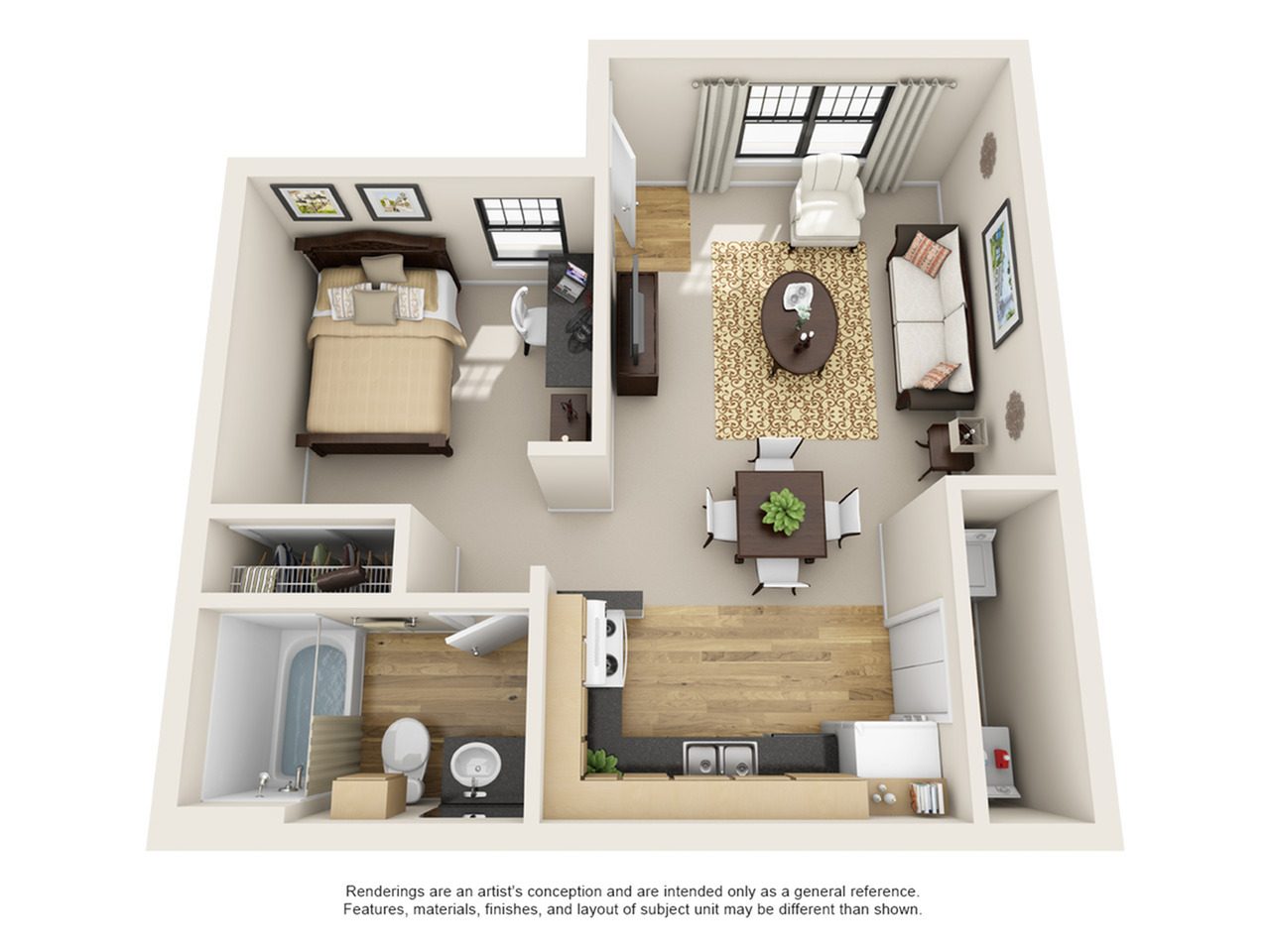 Modern 3D floor plan showcasing one-bedroom apartment with cozy living area, stylish kitchen, and elegant bathroom.