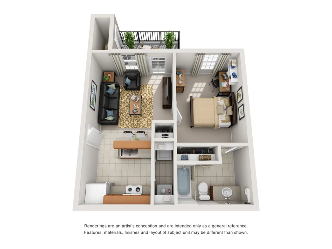 Chic 1-bedroom apartment floor plan showcasing an inviting living area, modern kitchen, and cozy balcony.