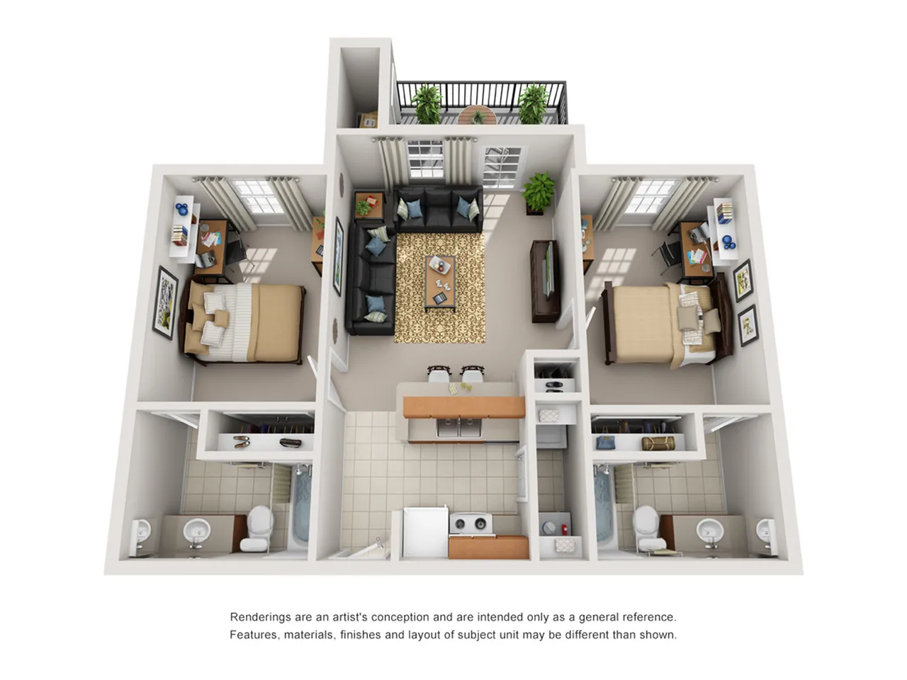 Chic 3D floor plan showcasing a modern 2-bedroom apartment with a cozy living room, equipped kitchen, and private balcony.