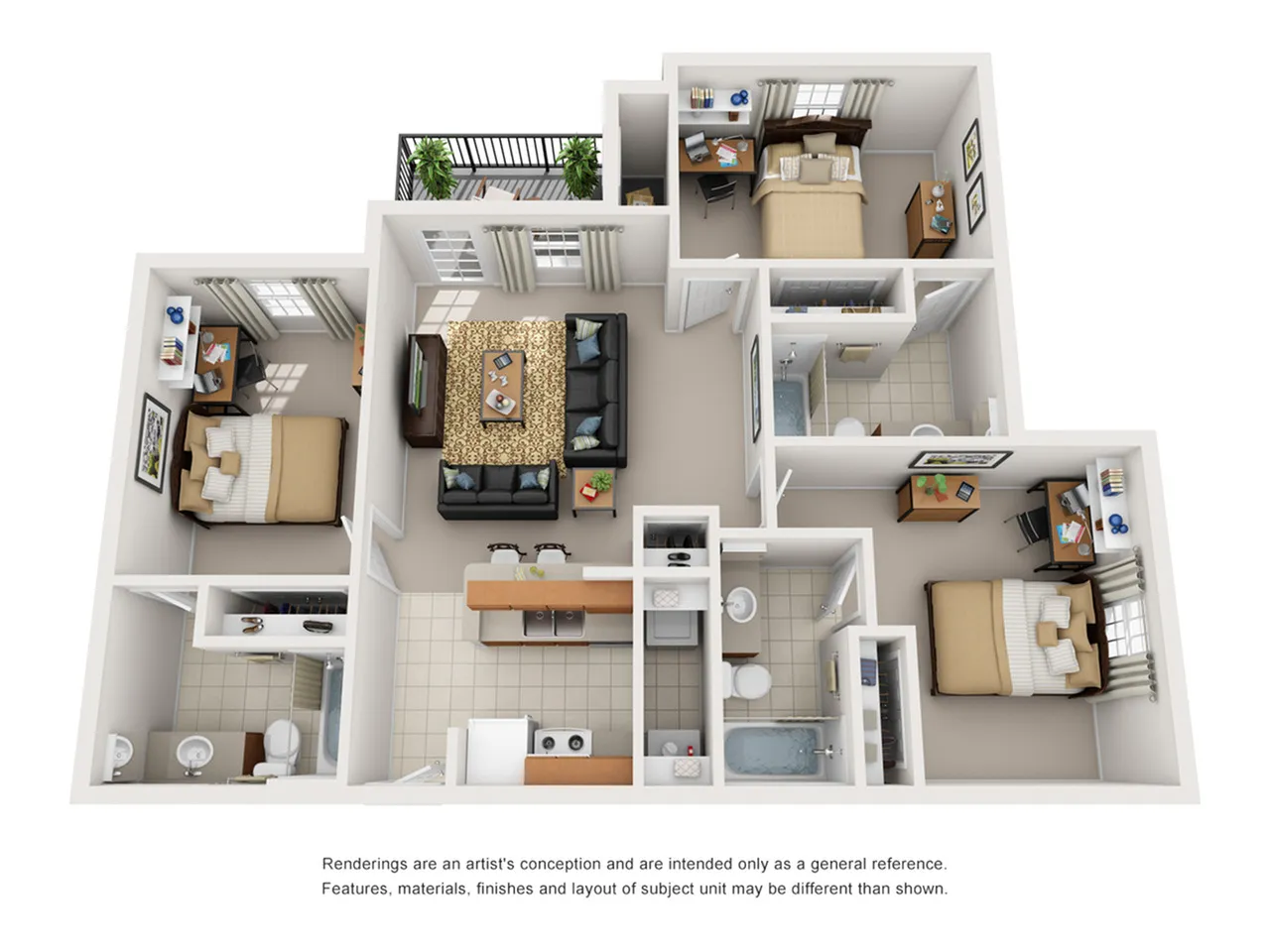 Contemporary 3D floor plan showcasing 3 cozy bedrooms, a spacious living area, and a modern kitchen with island seating.