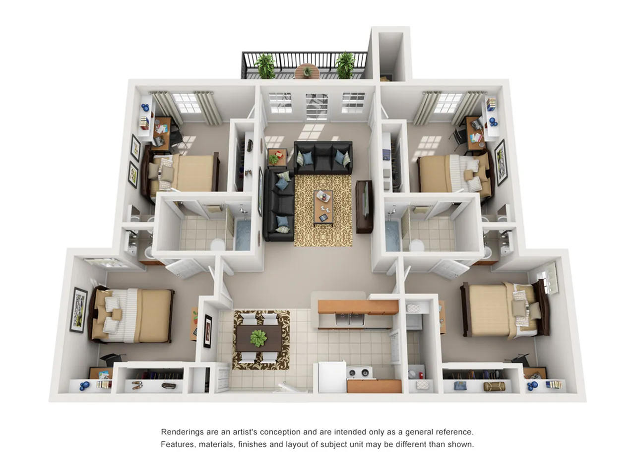 Modern 3D floor plan featuring 3 bedrooms, a cozy living room, and an efficiently designed kitchen opening to a dining area.