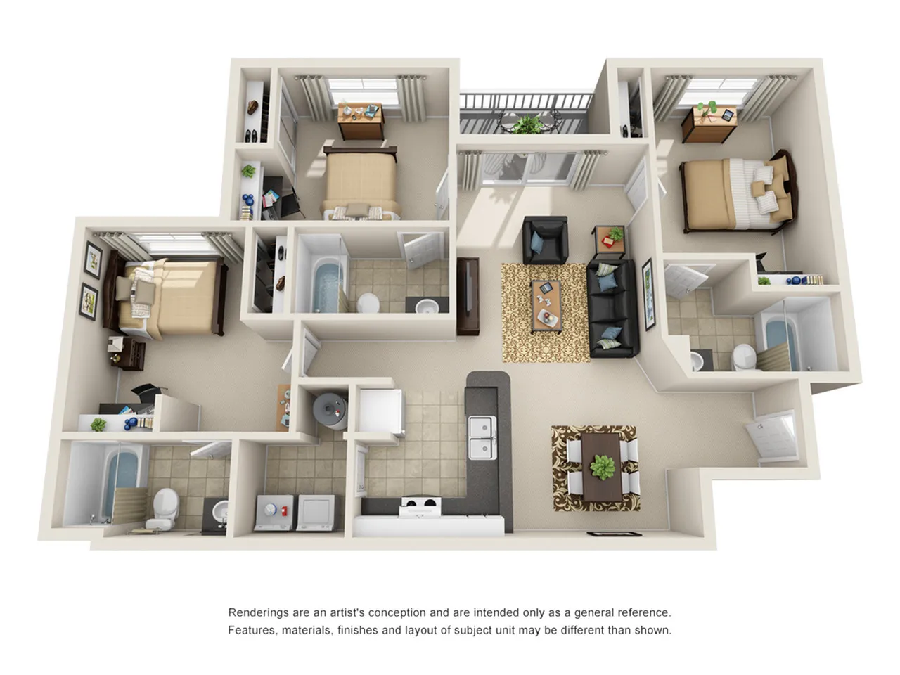 Modern 3D floor plan showcasing 3 bedrooms, a cozy living room, a contemporary kitchen, and private balconies.