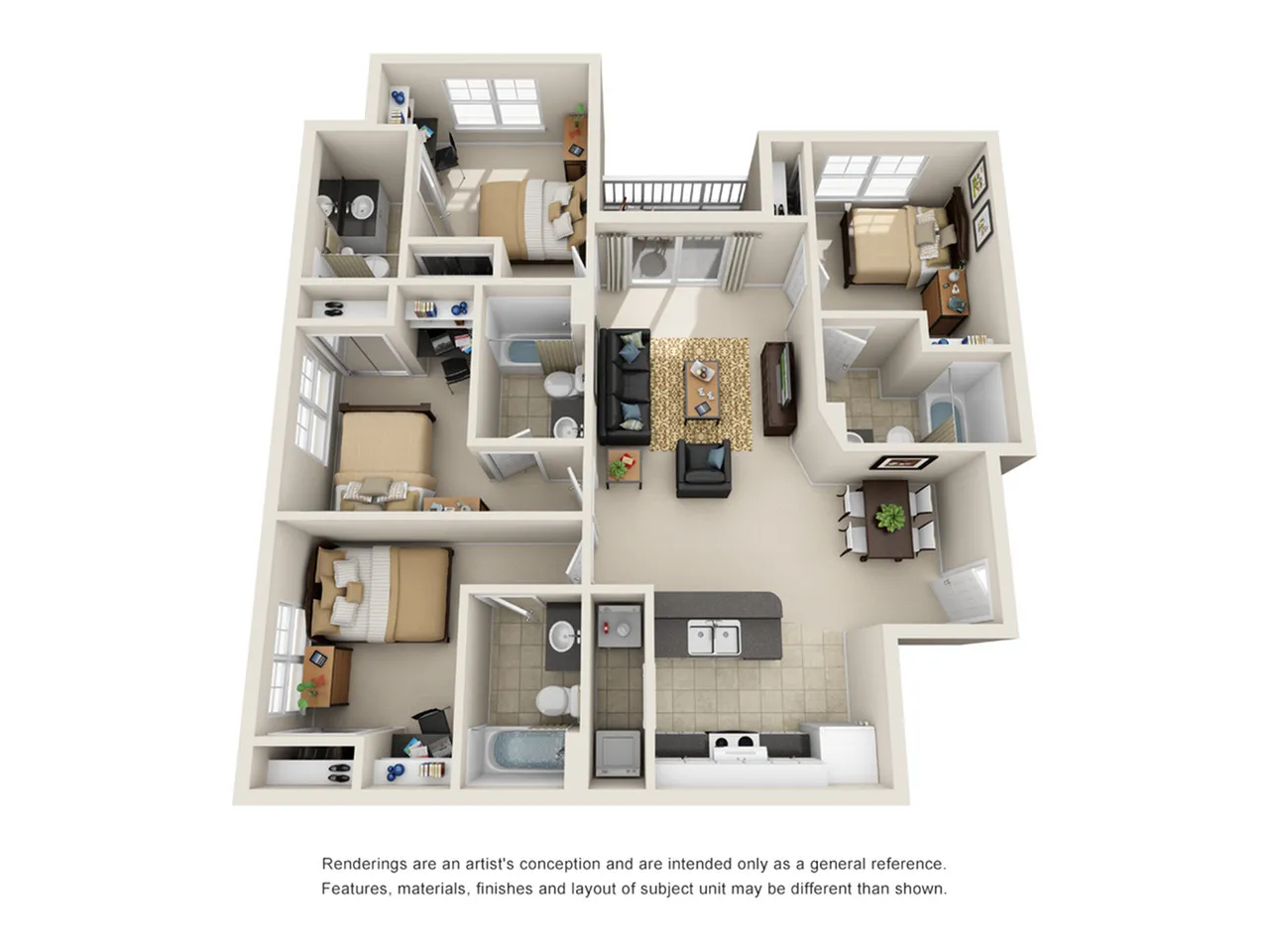 Modern 3D floor plan showcasing 3 bedrooms, a cozy living area, and a sleek kitchen, perfect for family living.