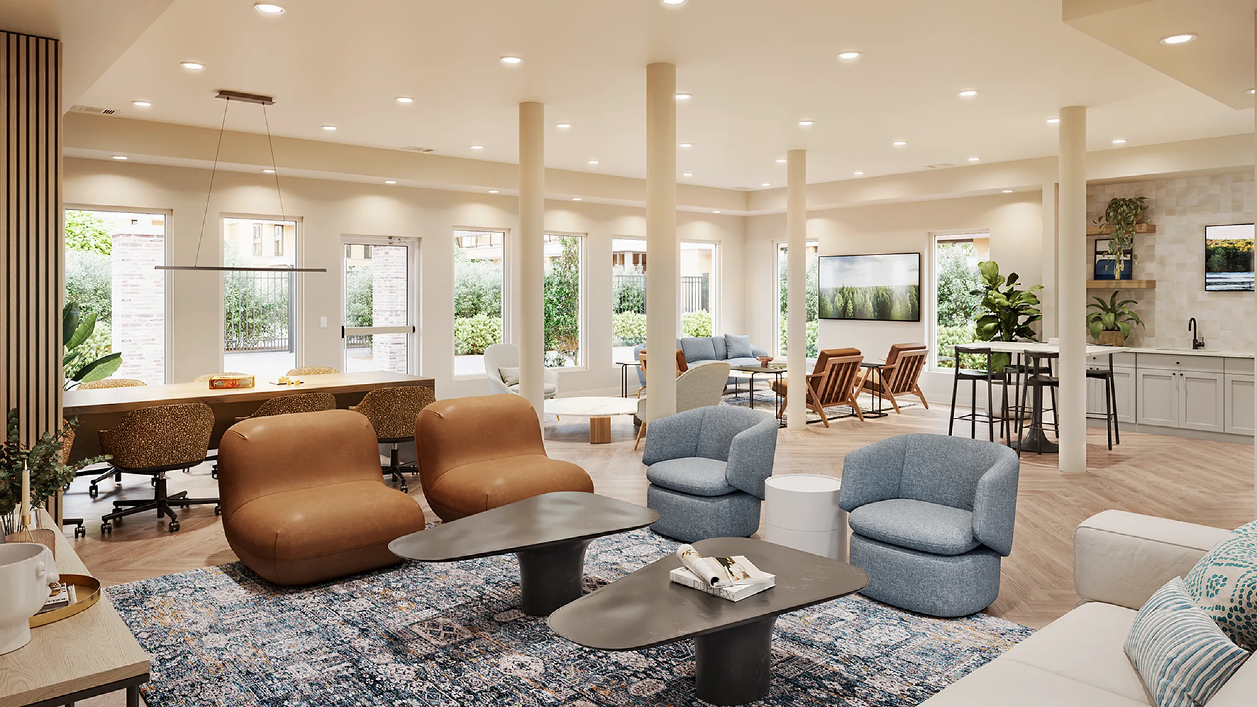 upgraded resident lounge with tables, chairs, and couches