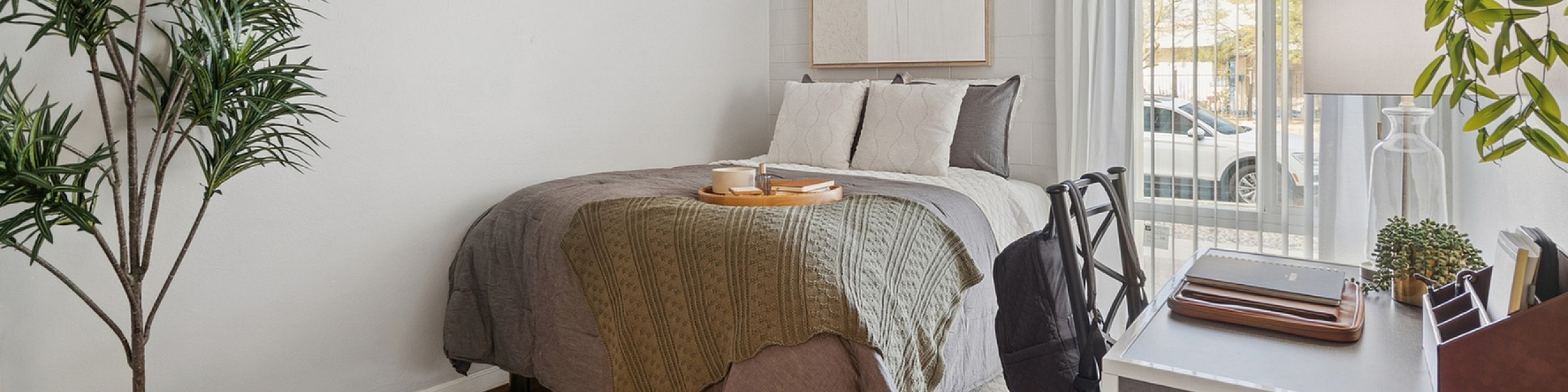 Bright bedroom with modern decor, featuring a cozy bed, stylish desk, and lush indoor plants, complemented by natural light through large windows.