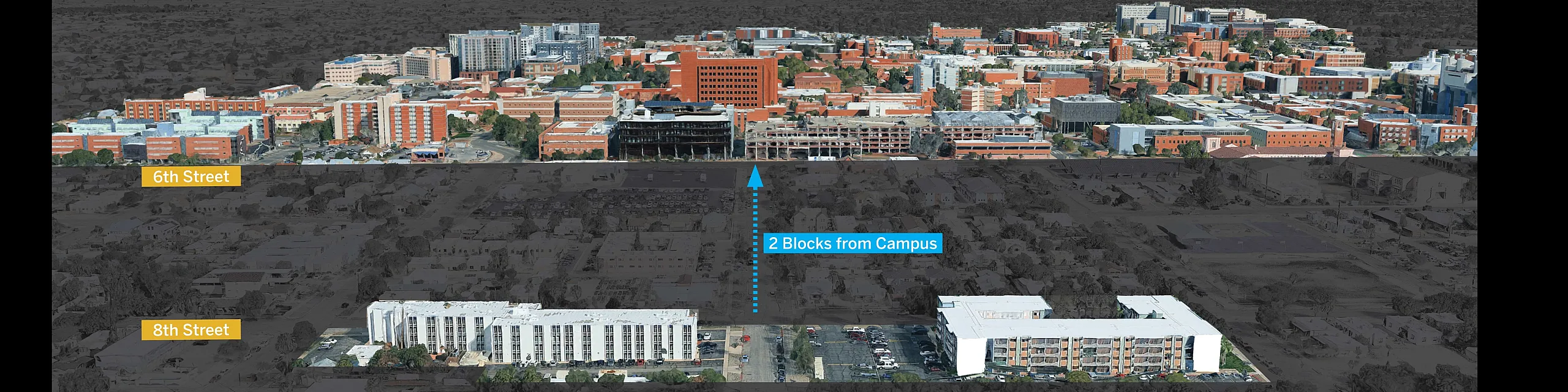 Vibrant aerial view showcasing proximity of modern apartments just 2 blocks from campus in a bustling cityscape.
