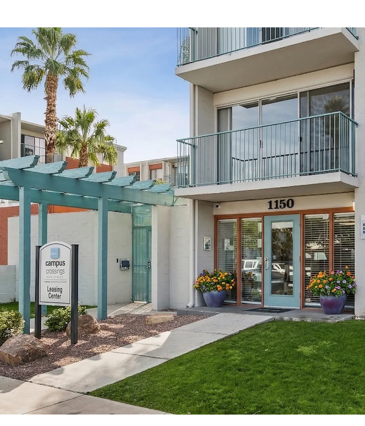 Charming modern apartment entrance with lush greenery and inviting blue accents at Campus Crossings, featuring a welcoming leasing center amidst palm trees.