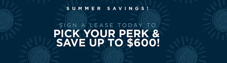 Enticing summer savings offer with bold text highlighting lease perks and up to $600 savings on a stylish dark blue background with sun patterns.