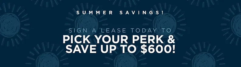 Eye-catching summer savings banner offering up to $600 off when signing a lease, set against a vibrant sun-themed background.