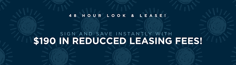 Eye-catching promotional banner offering $190 off reduced leasing fees with a 48-hour look and lease opportunity.