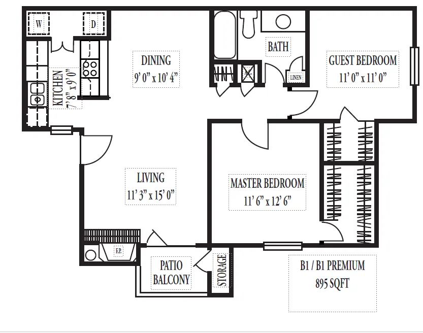Modern B1/B1 Premium 2-bedroom floor plan with spacious living room, dining area, and kitchen, featuring a private patio balcony, perfect for comfortable living, totaling 895 sq ft.