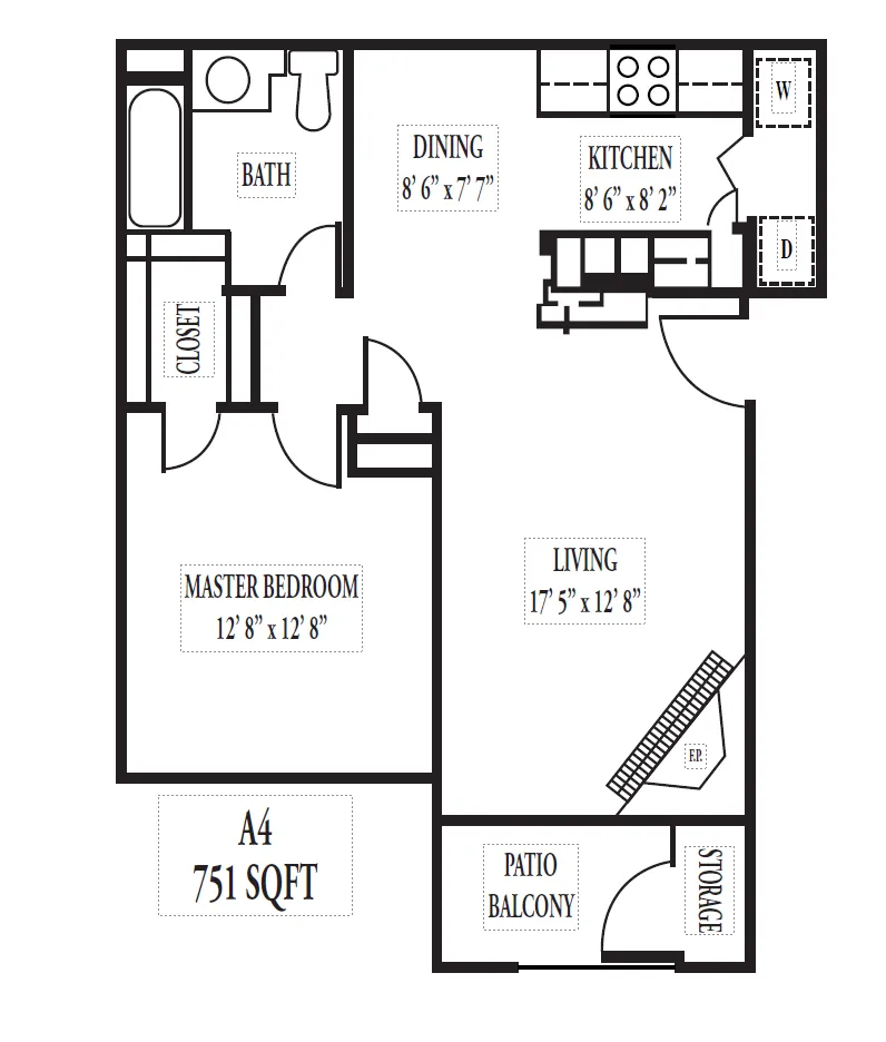 Elegant 751 sq ft floor plan featuring a spacious master bedroom, cozy dining area, modern kitchen, and inviting living room with patio balcony.