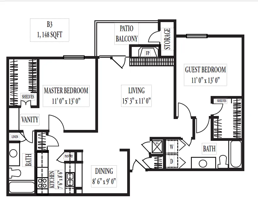 Inviting floor plan for B3 unit showcasing 1,148 sq ft with master and guest bedrooms, open living space, equipped kitchen, and cozy dining area, plus a private patio.