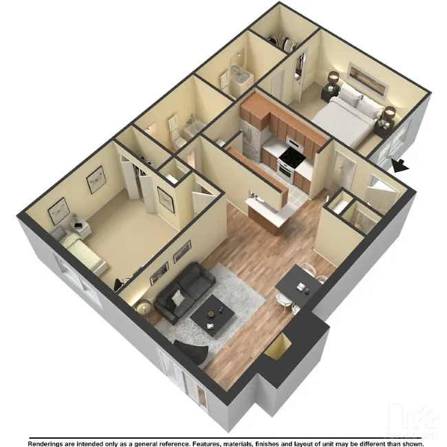 Modern 3D floor plan showcasing a cozy apartment with two bedrooms, a stylish open kitchen, and an inviting living area.