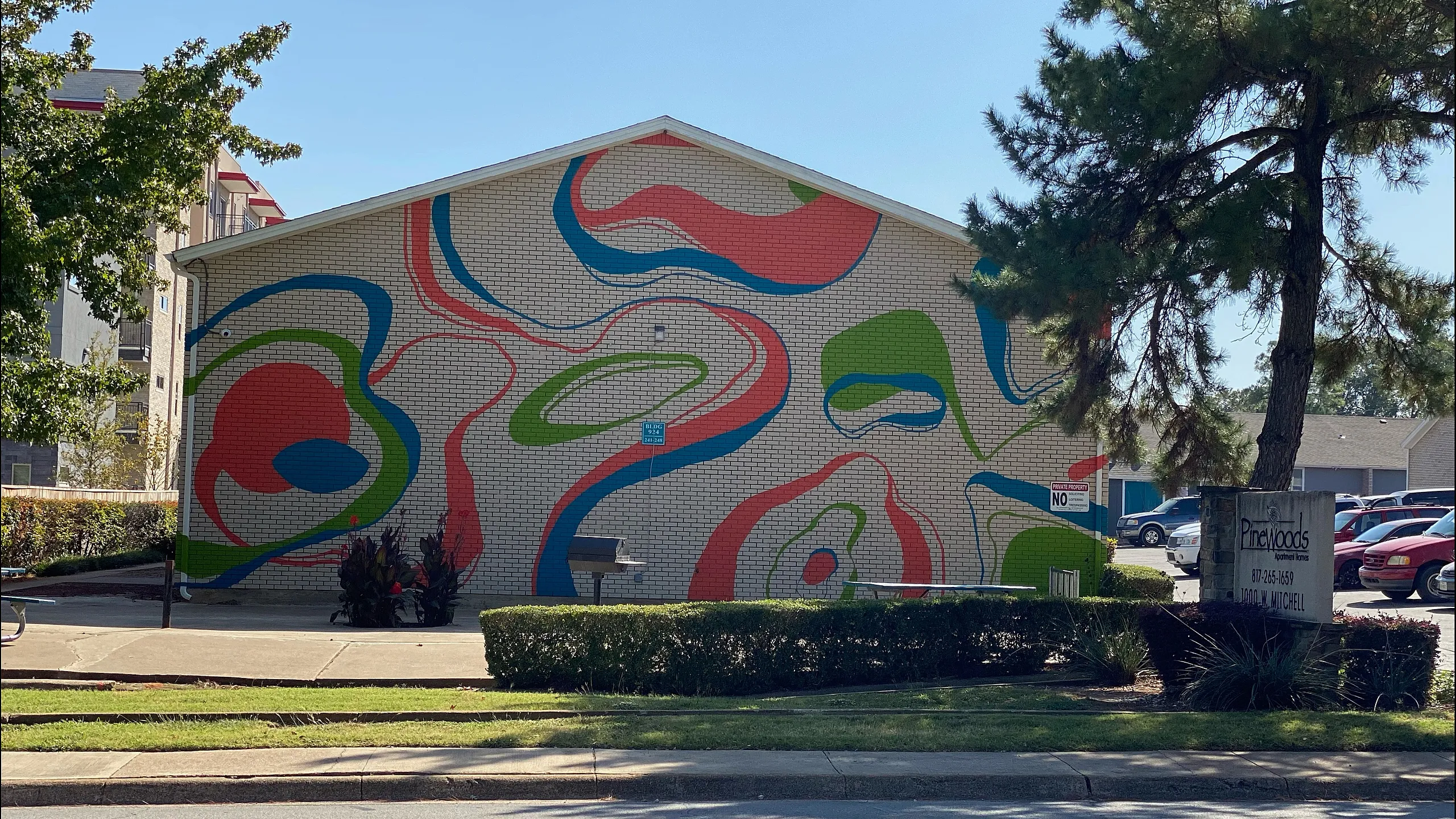 Vibrant apartment exterior showcasing colorful abstract mural, surrounded by lush greenery at Pineywoods complex.