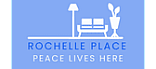 Sleek logo for Rochelle Place featuring modern furniture silhouettes symbolizing tranquil living, in soft blue tones with the tagline 'Peace Lives Here'.