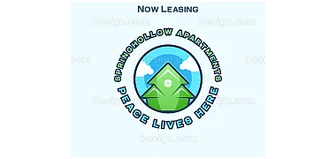 Vibrant logo for Springhollow Apartments featuring a serene house illustration with clouds and trees, highlighting the slogan 'Peace Lives Here'.