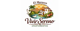 Charming logo for El Morocco Vivir Sereno Apartamentos, featuring a serene lakeside villa with a mountain backdrop, palm tree, and doves symbolizing tranquility.