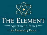 Elegant logo design for The Element Apartment Homes, featuring a modern atomic symbol and the slogan 'An Element of Peace.'
