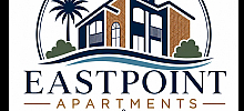 Charming nautical-themed logo for Eastpoint Apartments, featuring a stylish coastal house, ship wheel, and palm tree.
