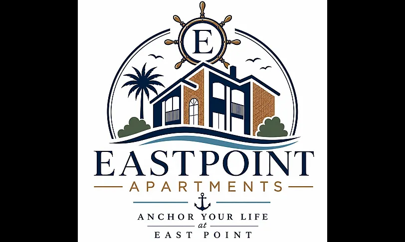 Charming Eastpoint Apartments logo featuring a nautical theme with a ship's wheel, palm tree, and elegant architectural design.